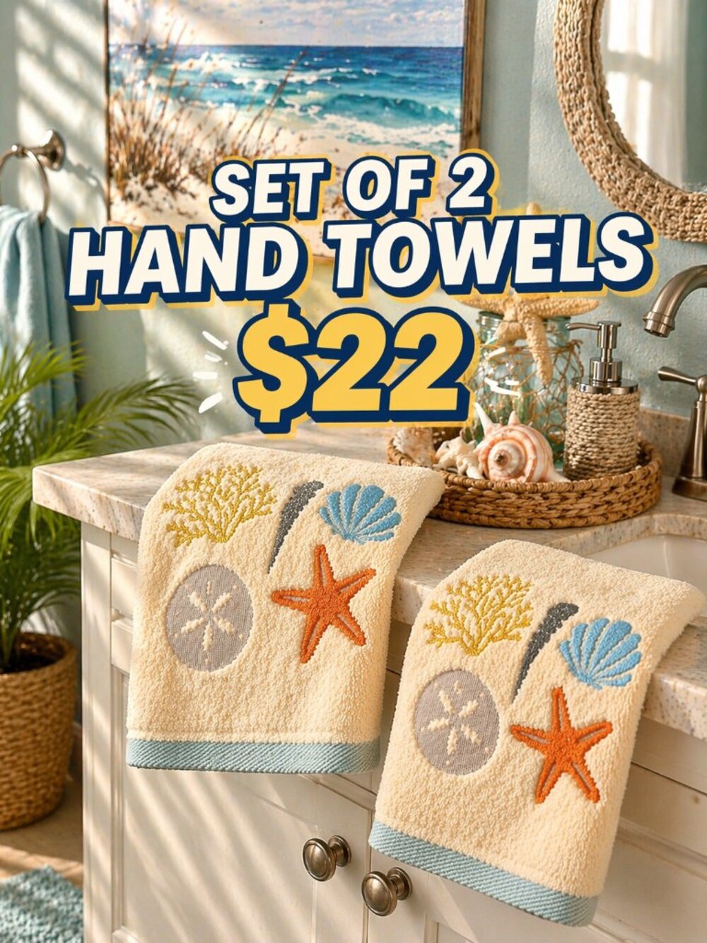 Coastal Beach Hand Towels Set Of 2 Cotton 16x26 Shell Coral Starfish Decor NWT